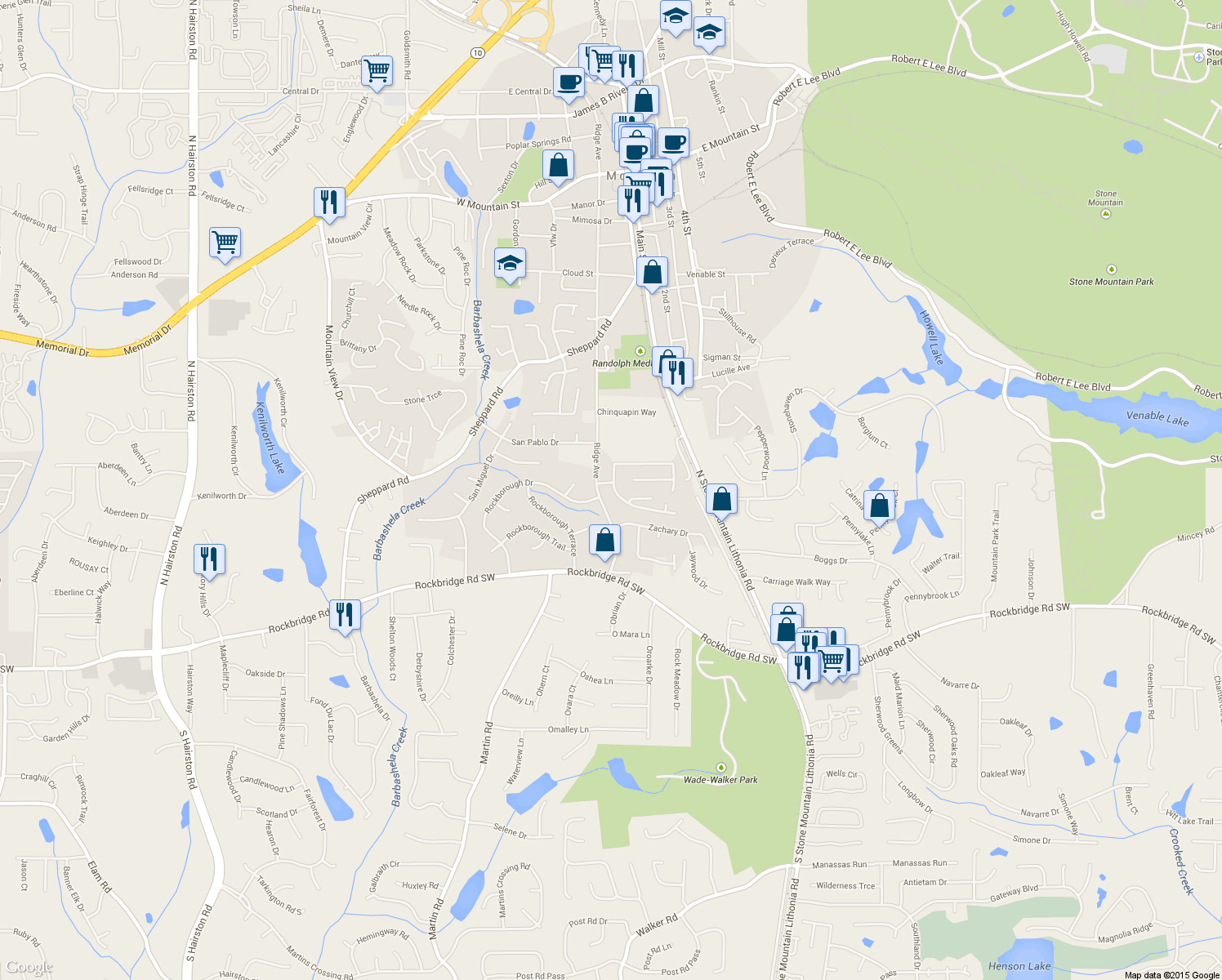 map of restaurants, bars, coffee shops, grocery stores, and more near 5327 Ridge Forest Drive in Stone Mountain