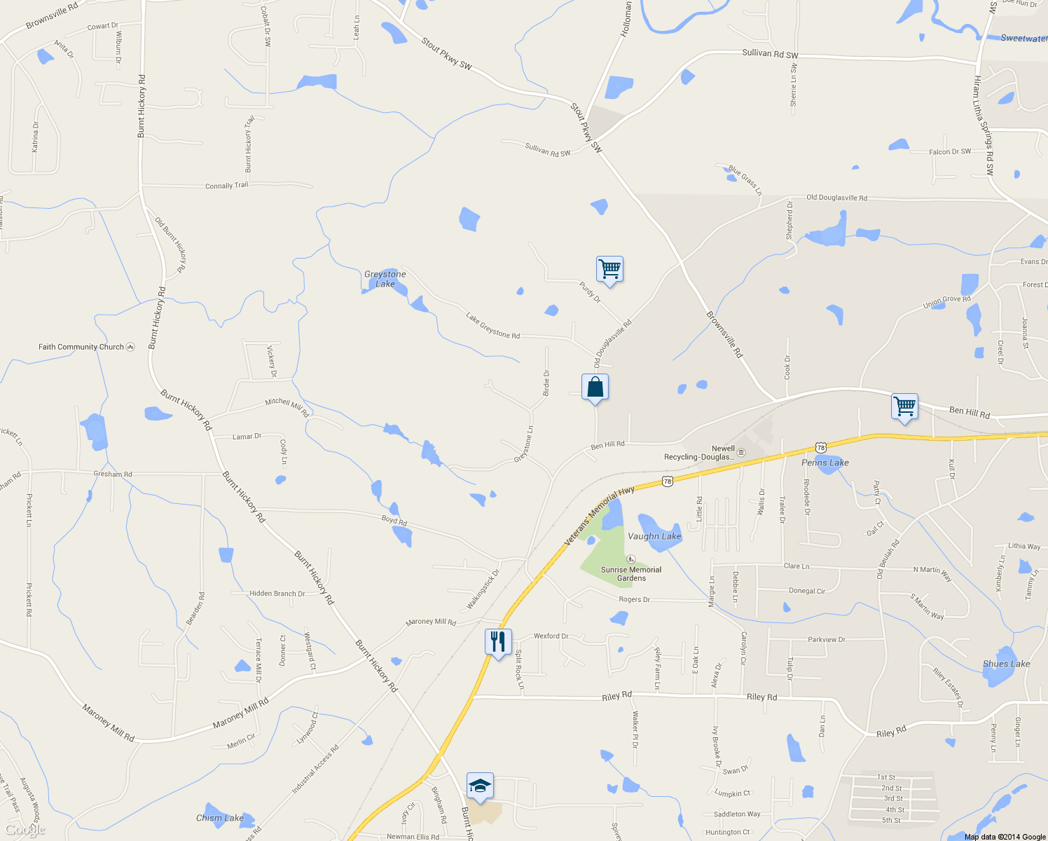 map of restaurants, bars, coffee shops, grocery stores, and more near 435 Greystone Ln in Douglasville