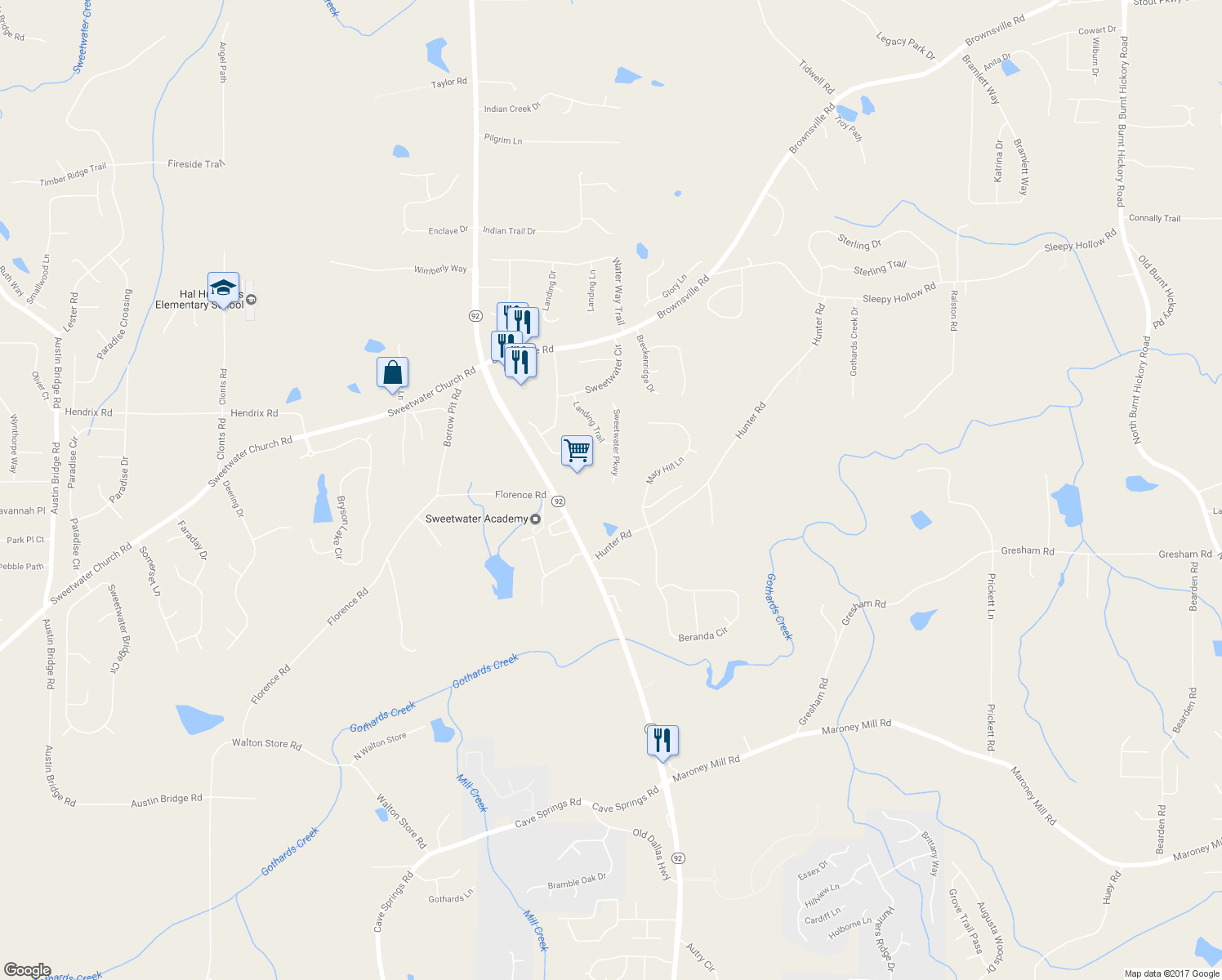 map of restaurants, bars, coffee shops, grocery stores, and more near 256 Sweetwater Parkway in Powder Springs