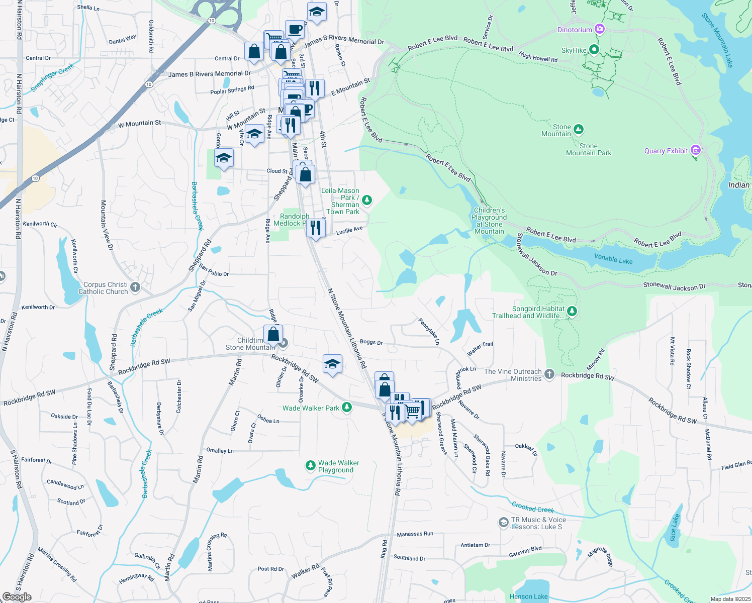 map of restaurants, bars, coffee shops, grocery stores, and more near 604 Pepperwood Ln in Stone Mountain