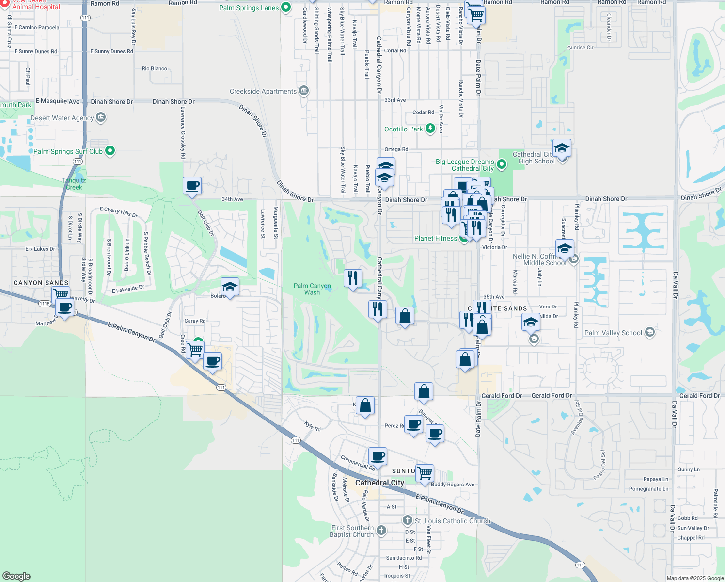 map of restaurants, bars, coffee shops, grocery stores, and more near 68414 Paseo Real in Cathedral City