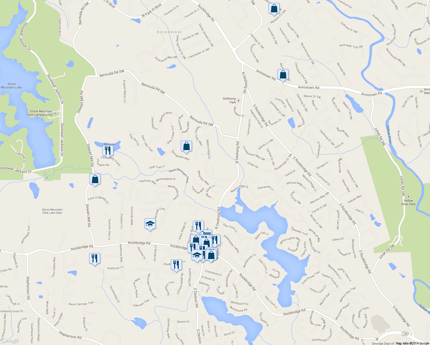 map of restaurants, bars, coffee shops, grocery stores, and more near 643 Scenic View in Stone Mountain