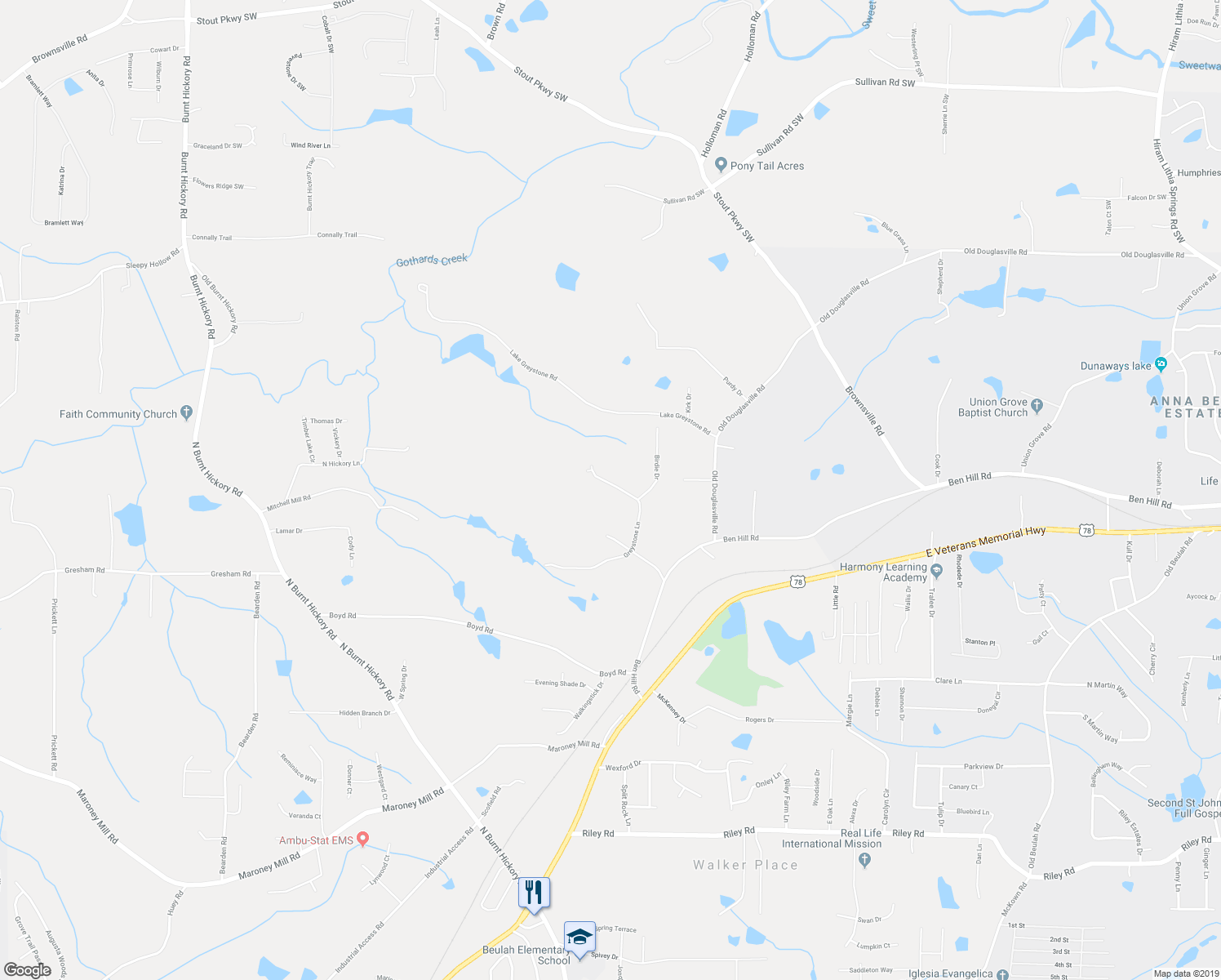 map of restaurants, bars, coffee shops, grocery stores, and more near 387 Greystone Lane in Douglasville