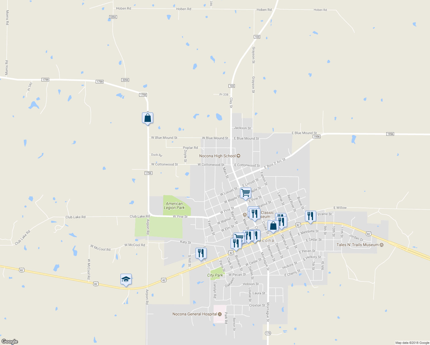 map of restaurants, bars, coffee shops, grocery stores, and more near 904 Young Street in Nocona
