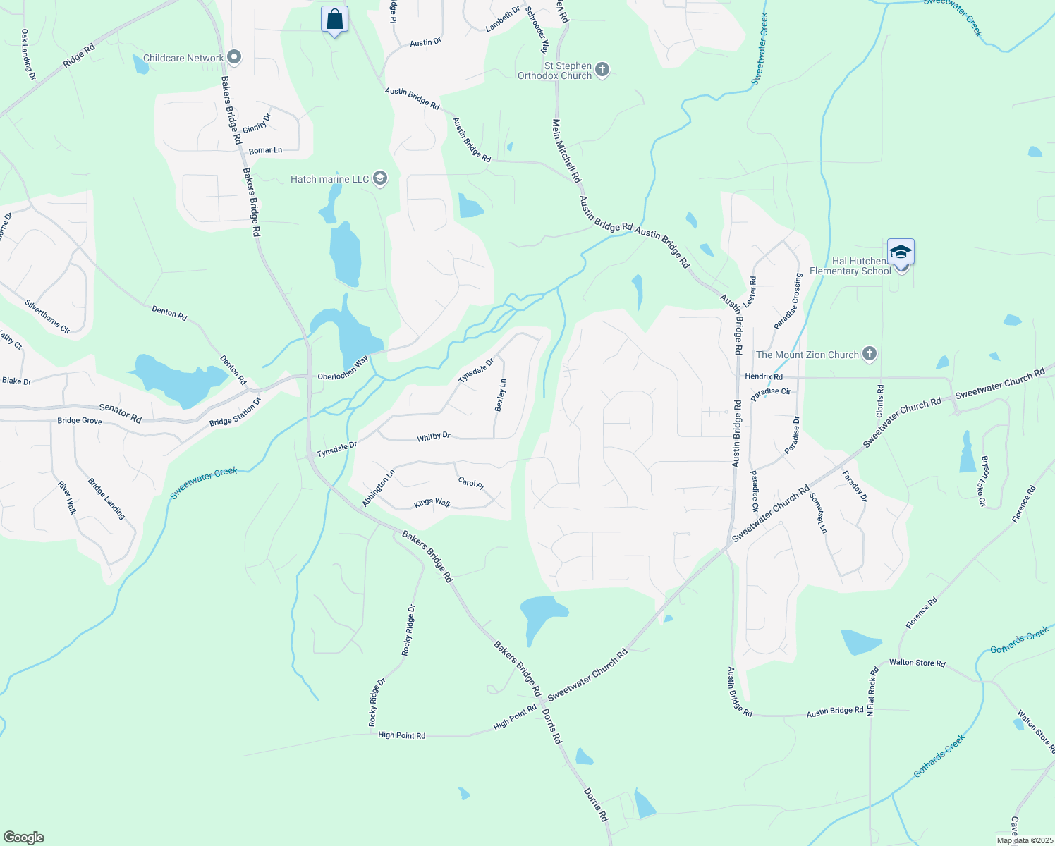 map of restaurants, bars, coffee shops, grocery stores, and more near 596 Whitby Drive in Douglasville