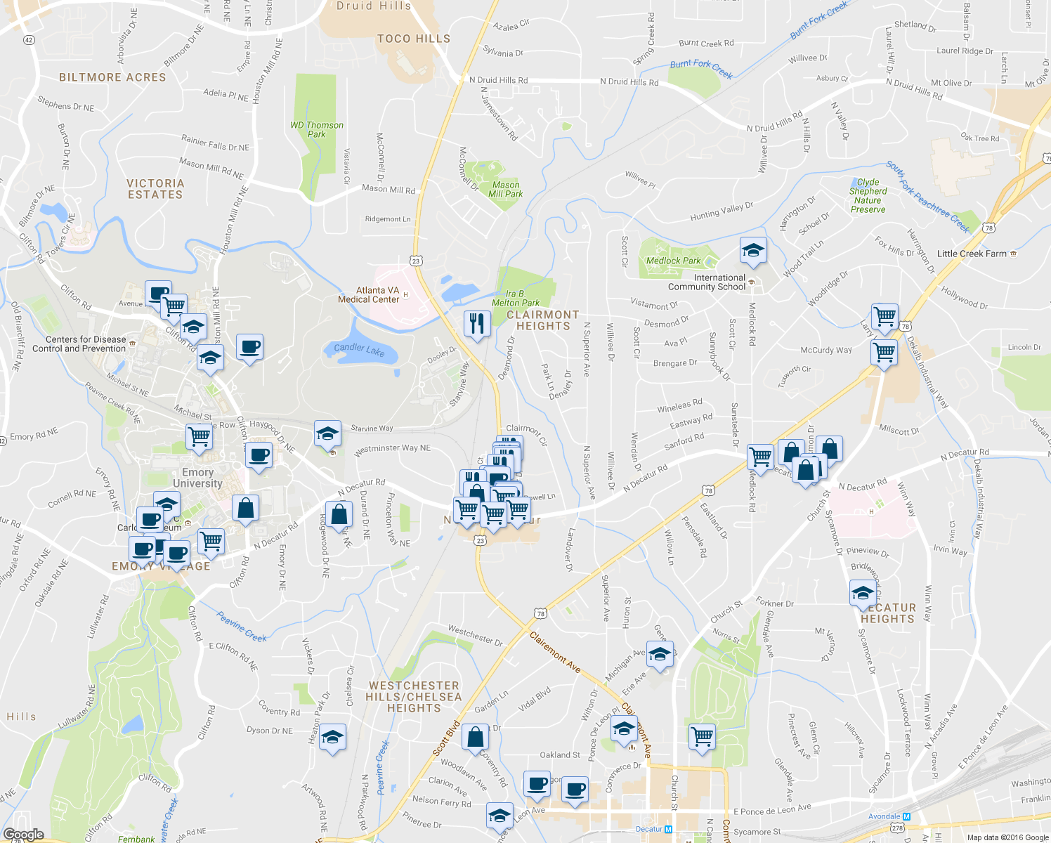 map of restaurants, bars, coffee shops, grocery stores, and more near 643 Webster Drive in Decatur