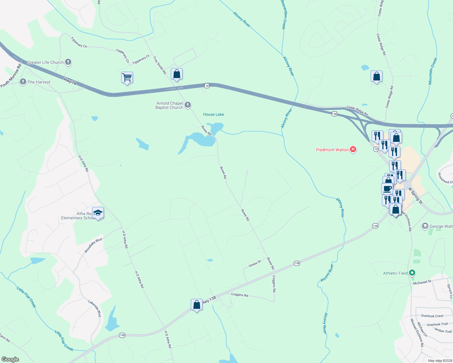 map of restaurants, bars, coffee shops, grocery stores, and more near Rowe Rd in Monroe