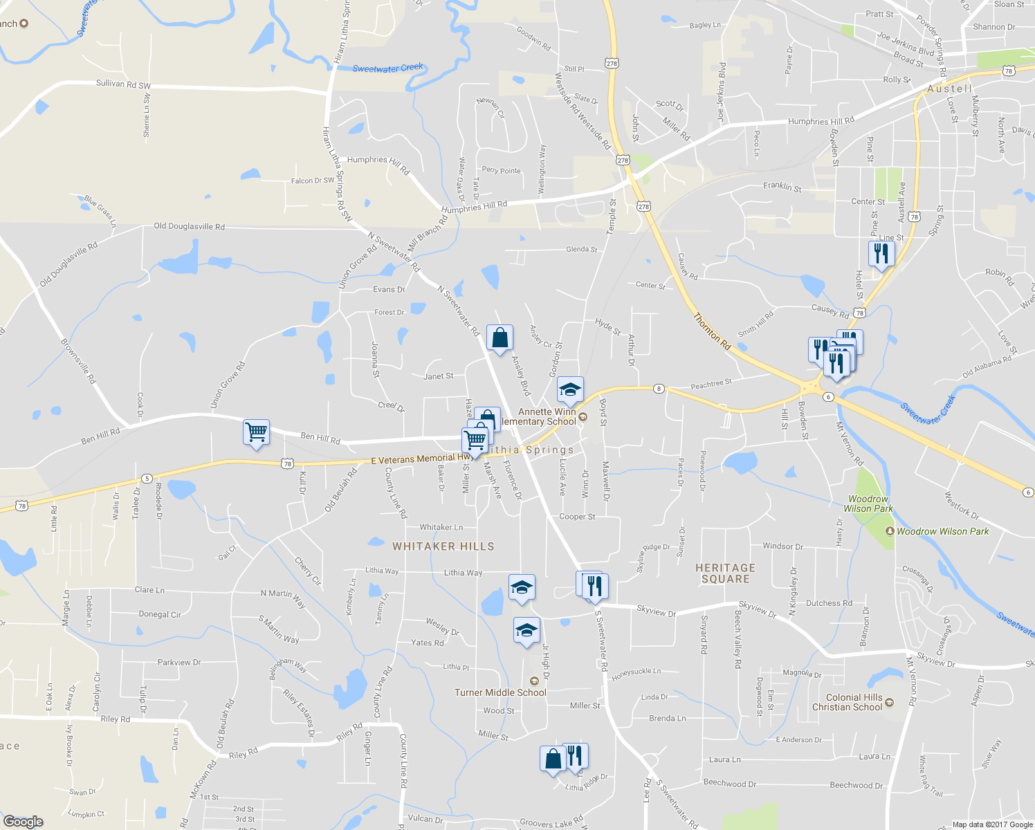 map of restaurants, bars, coffee shops, grocery stores, and more near 6538 North Sweetwater Road in Lithia Springs