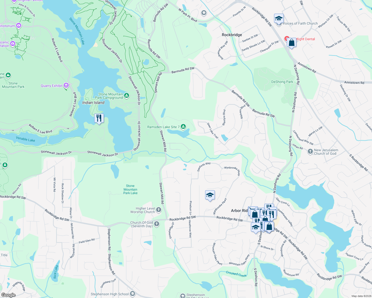 map of restaurants, bars, coffee shops, grocery stores, and more near 6731 Pine Valley Trace in Stone Mountain