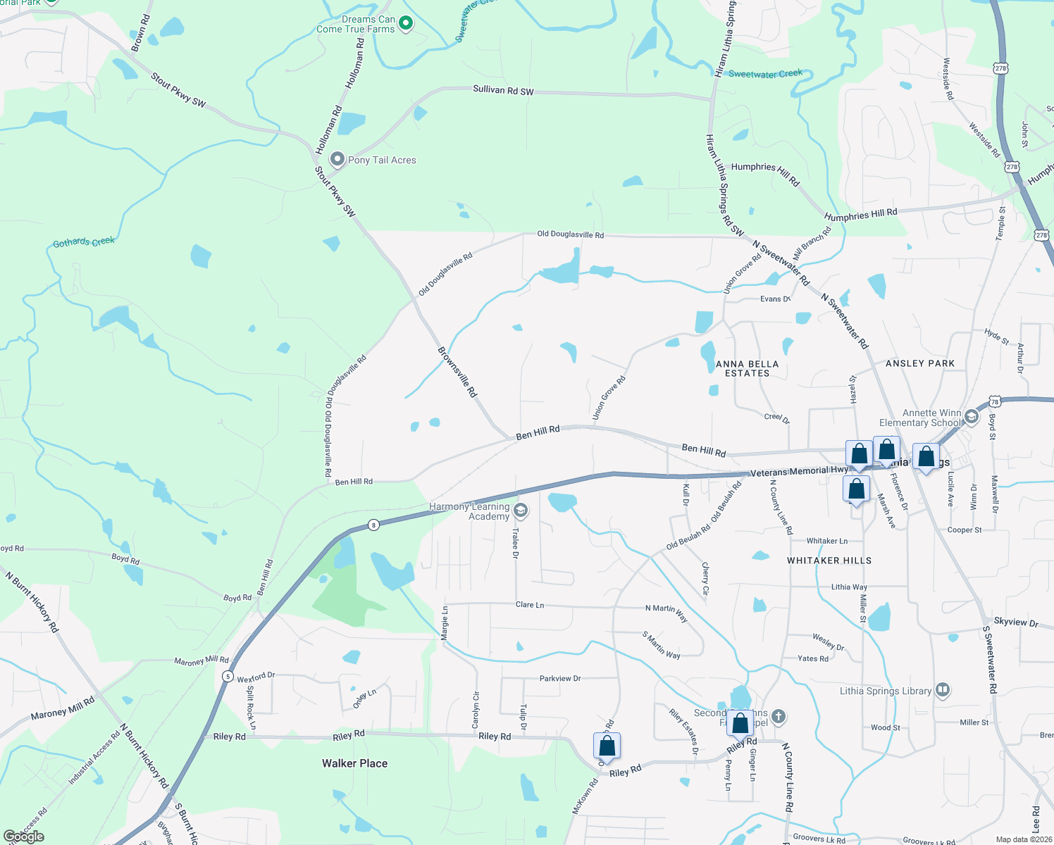map of restaurants, bars, coffee shops, grocery stores, and more near 4455 Ben Hill Road in Lithia Springs