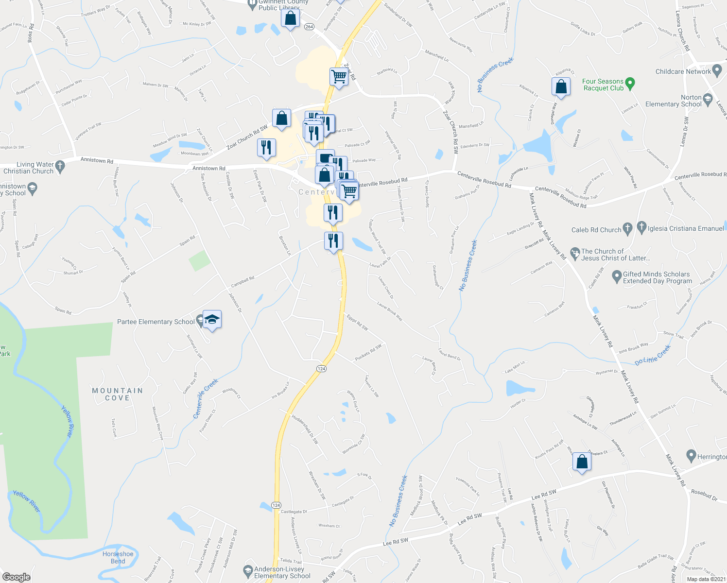 map of restaurants, bars, coffee shops, grocery stores, and more near 3755 Laurel Brook Way in Snellville
