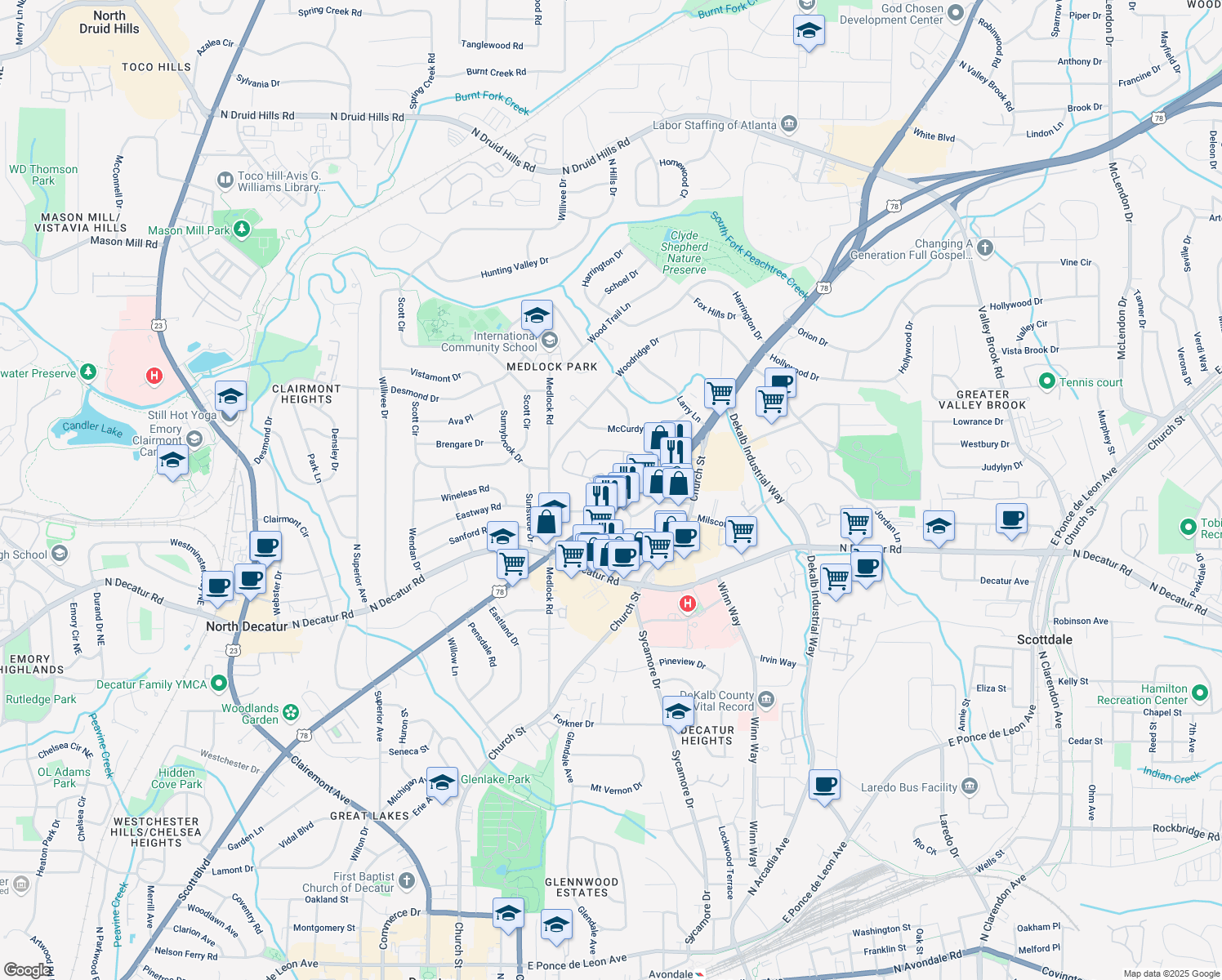 map of restaurants, bars, coffee shops, grocery stores, and more near 205 Tuxworth Circle in Decatur