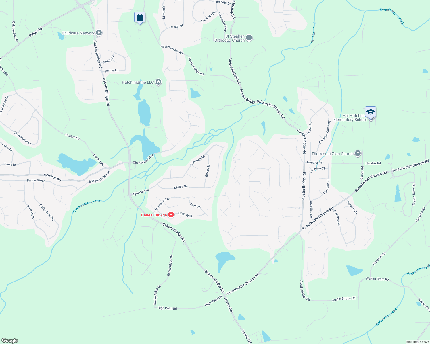 map of restaurants, bars, coffee shops, grocery stores, and more near 665 Whitby Drive in Douglasville