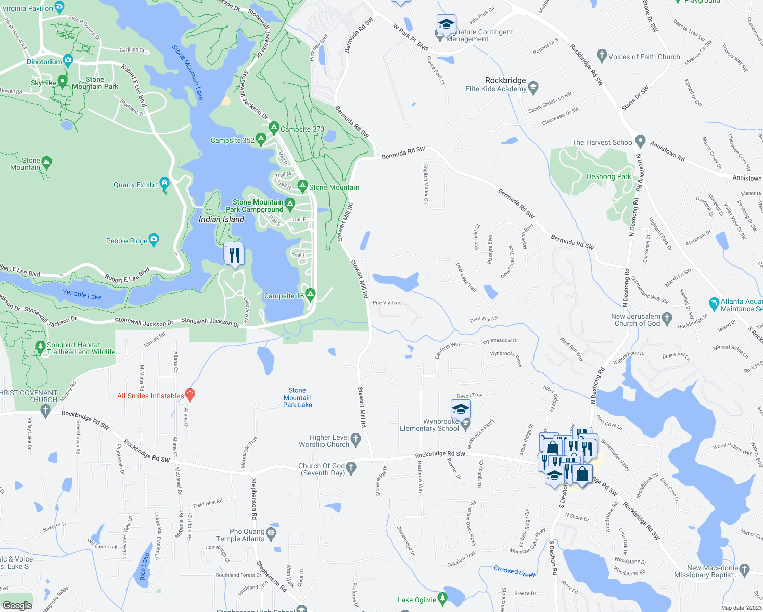 map of restaurants, bars, coffee shops, grocery stores, and more near 787 Pine Bark Road in Stone Mountain