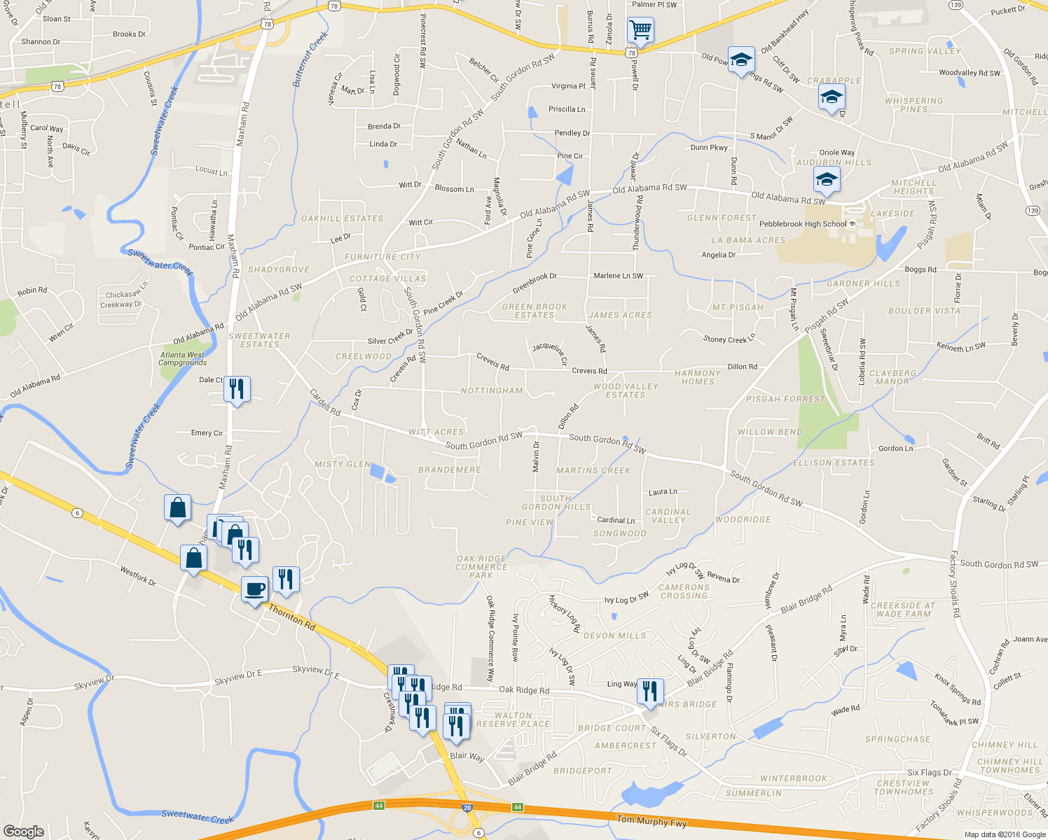 map of restaurants, bars, coffee shops, grocery stores, and more near 1632 South Gordon Road Southwest in Austell
