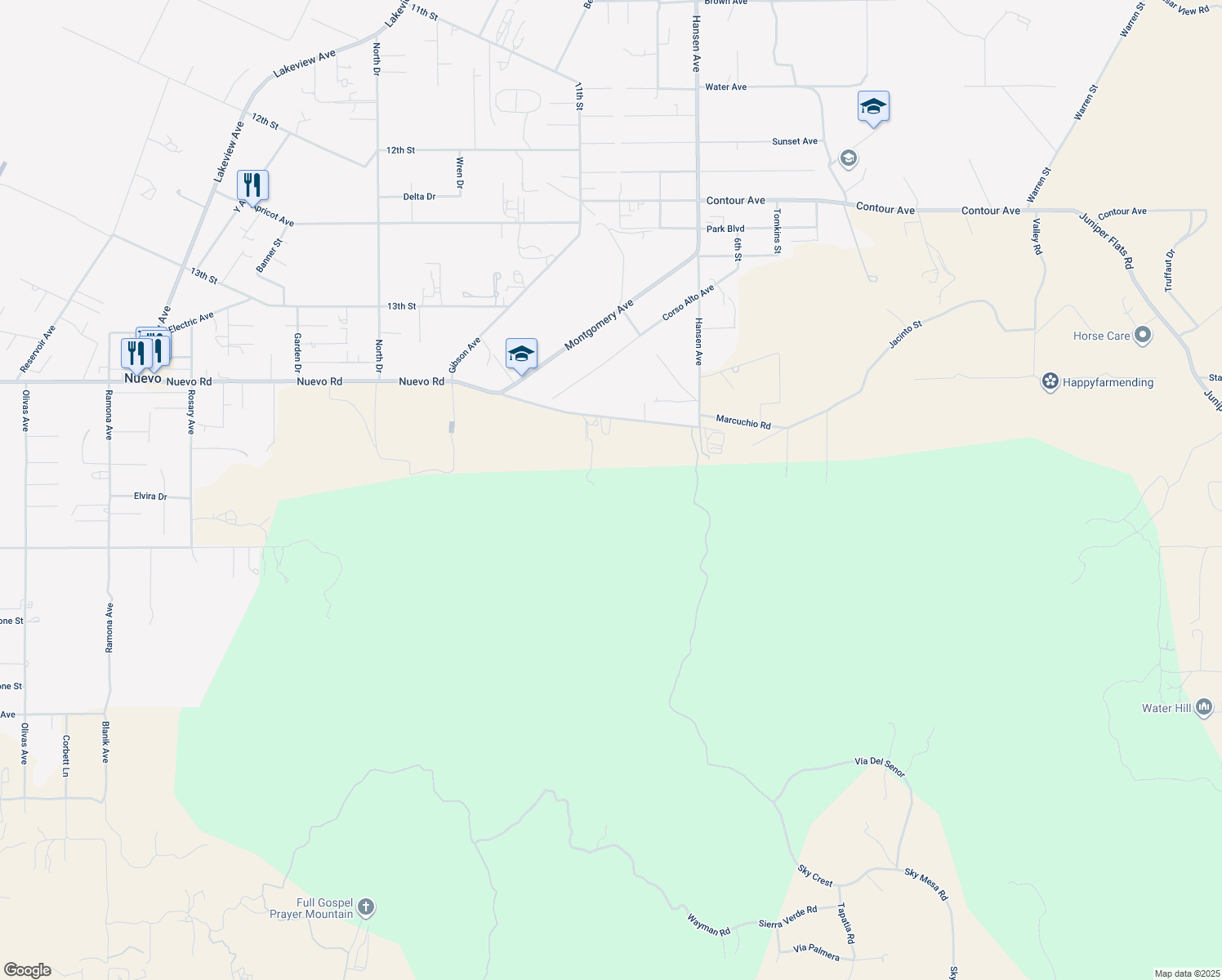 map of restaurants, bars, coffee shops, grocery stores, and more near 30965 Nuevo Rd in Nuevo