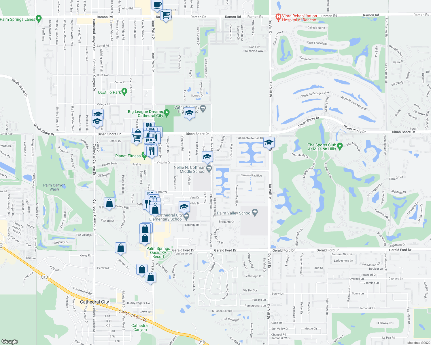 map of restaurants, bars, coffee shops, grocery stores, and more near 4 Loch Ness Lake Court in Rancho Mirage