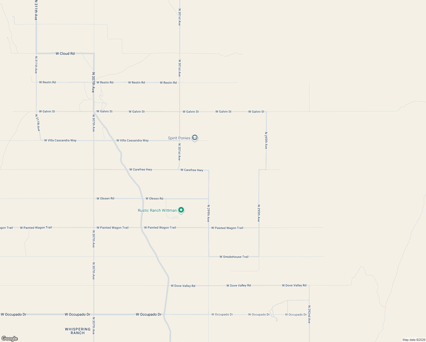 map of restaurants, bars, coffee shops, grocery stores, and more near North 299th Avenue in Wittmann