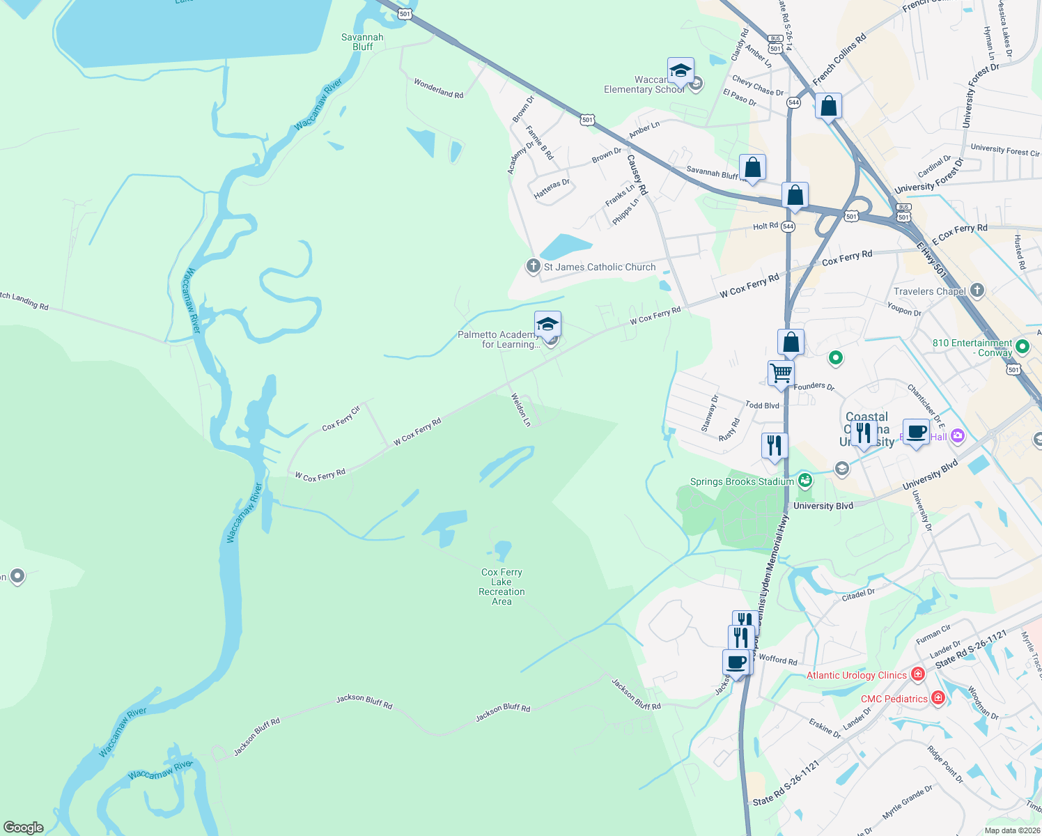 map of restaurants, bars, coffee shops, grocery stores, and more near 1200 Weldon Ln in Conway