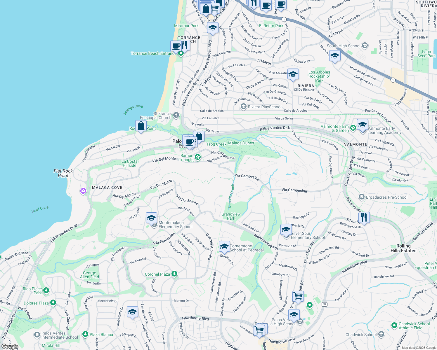 map of restaurants, bars, coffee shops, grocery stores, and more near 2708 Vía Elevado in Palos Verdes Estates