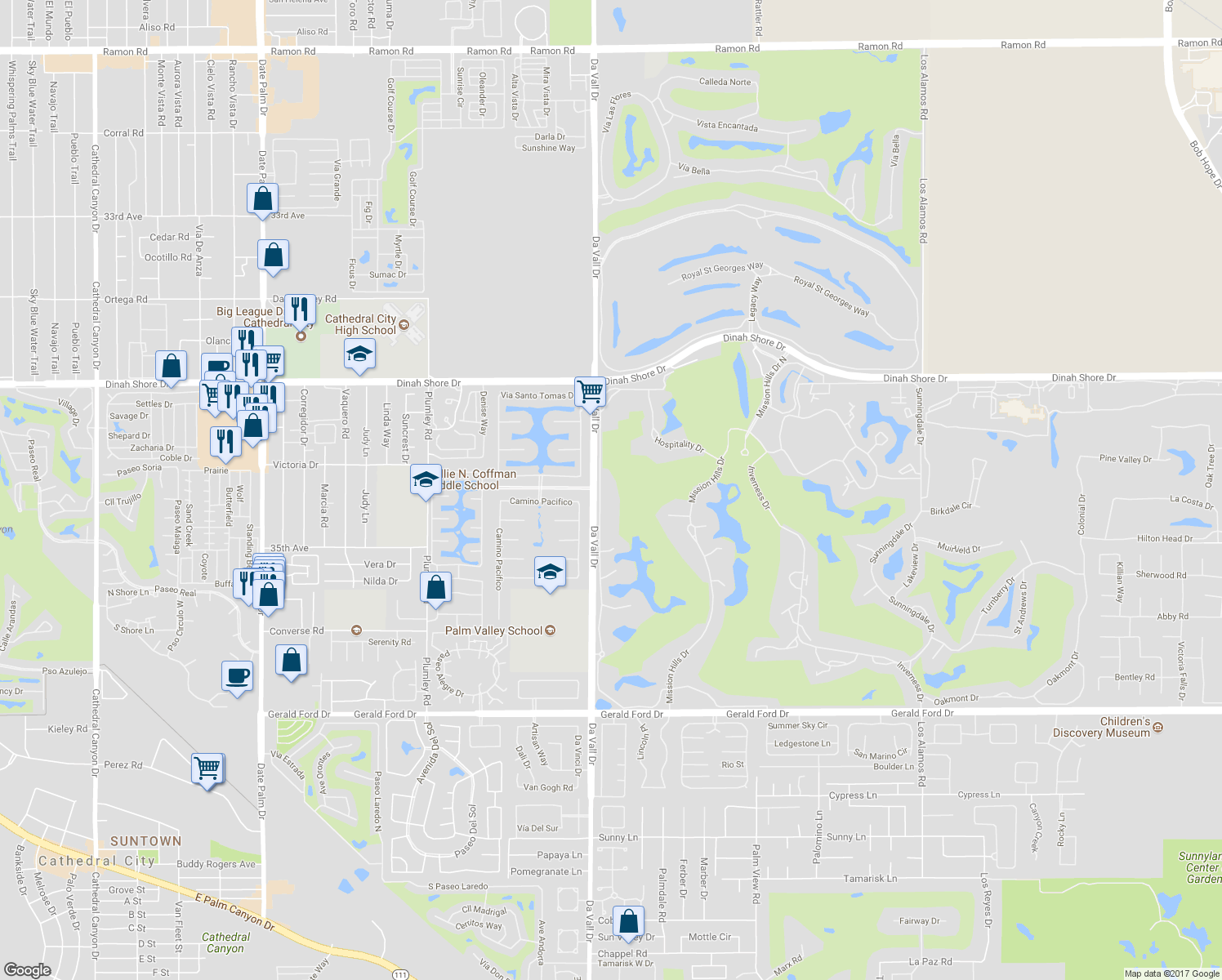 map of restaurants, bars, coffee shops, grocery stores, and more near 558 Desert West Drive in Rancho Mirage
