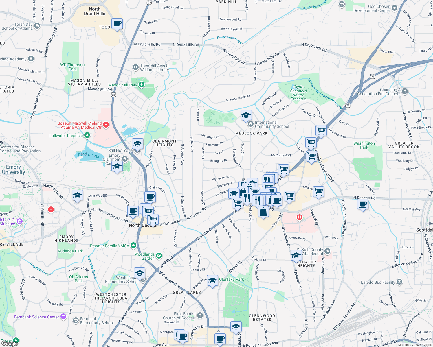 map of restaurants, bars, coffee shops, grocery stores, and more near 687 Suzanne Dr in Decatur