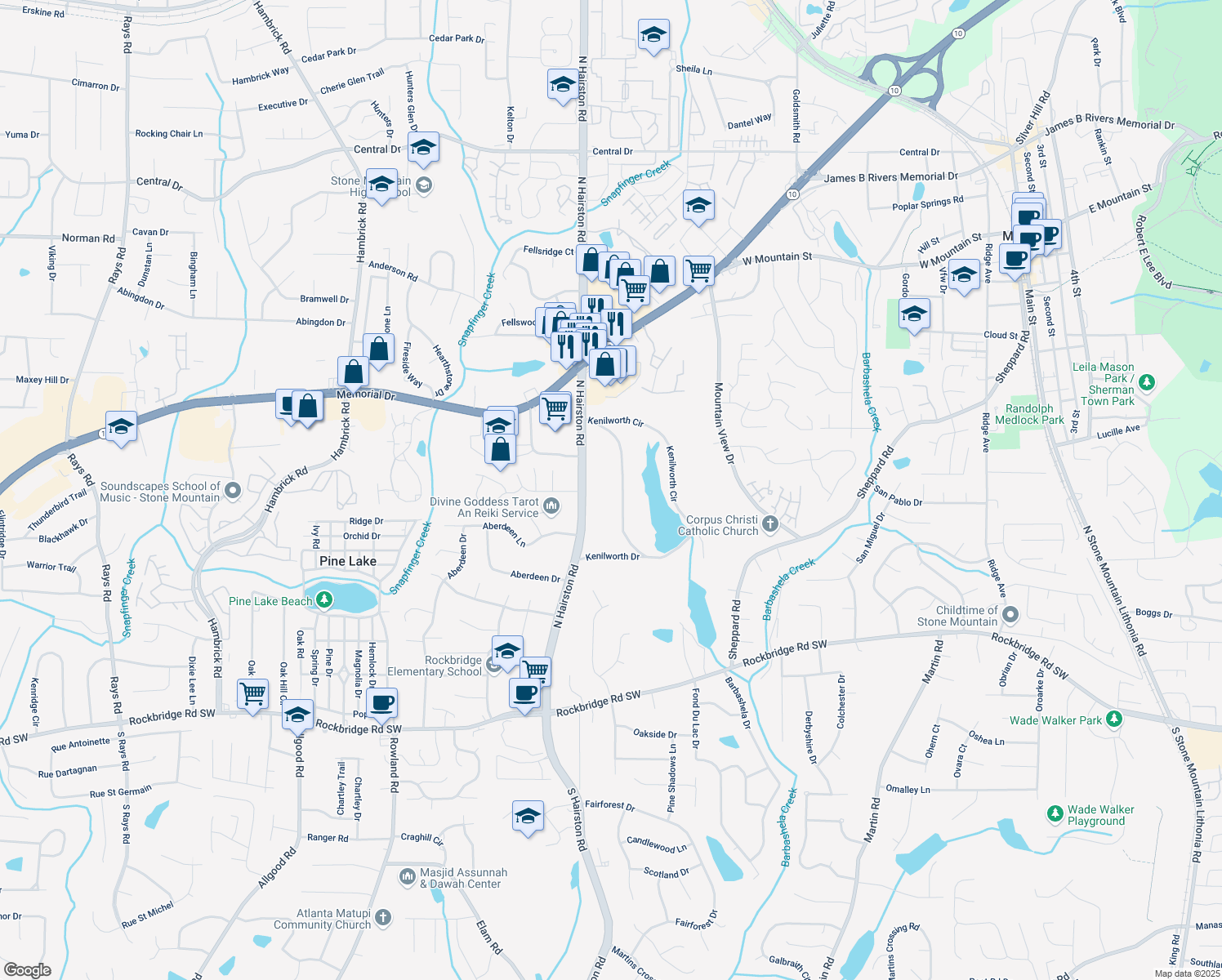 map of restaurants, bars, coffee shops, grocery stores, and more near 696 Kenilworth Circle in Stone Mountain