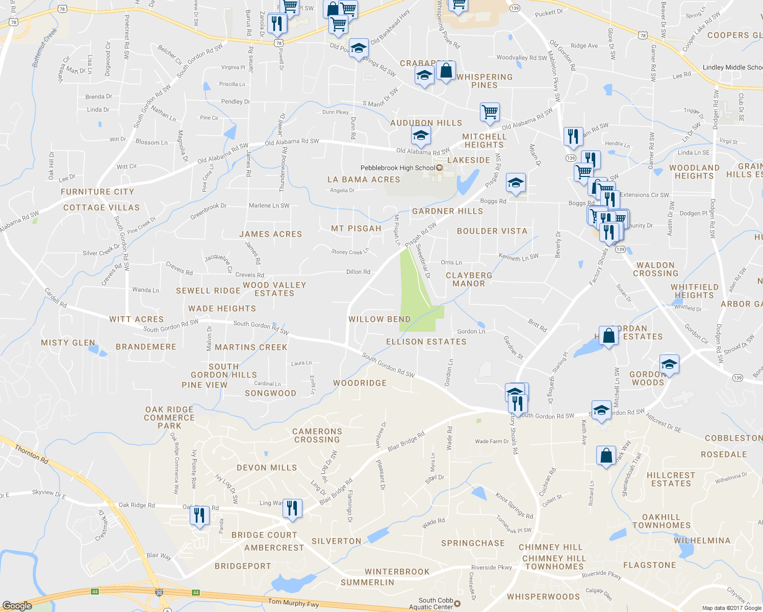 map of restaurants, bars, coffee shops, grocery stores, and more near 1012 Willow Crest Landing Southwest in Austell