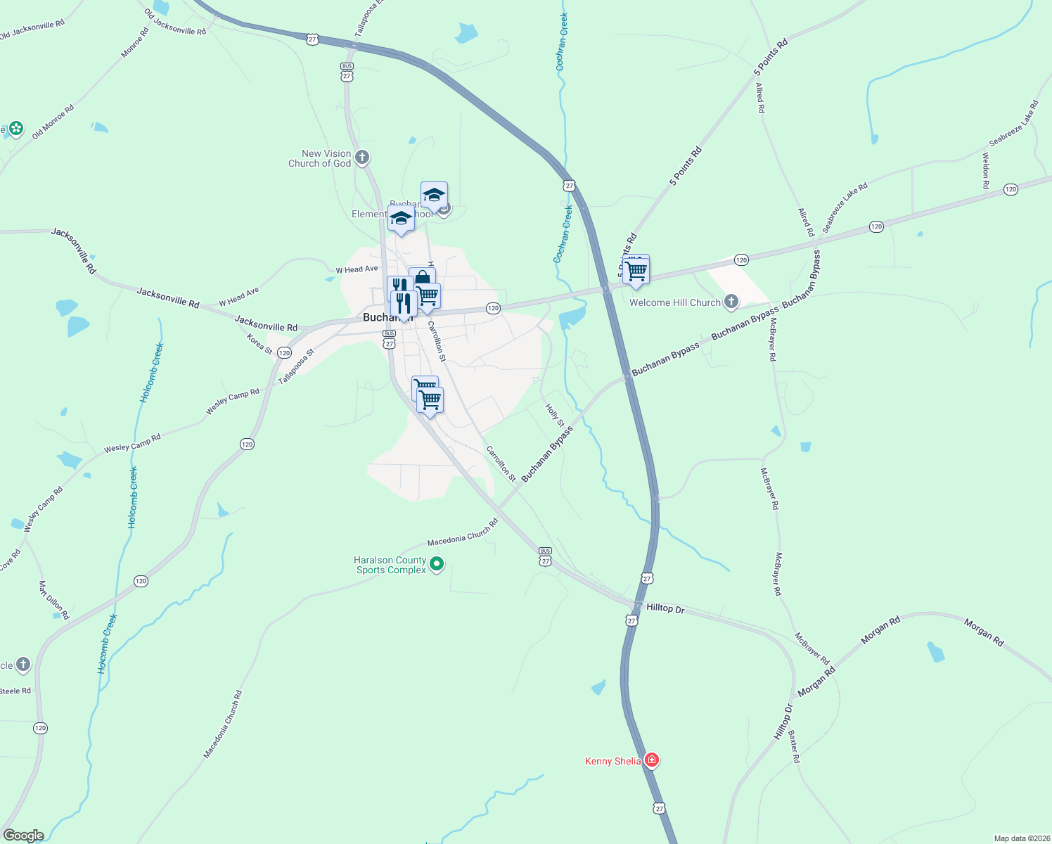 map of restaurants, bars, coffee shops, grocery stores, and more near 61 Magnolia Street in Buchanan