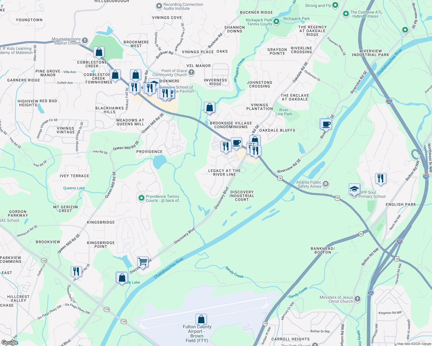 map of restaurants, bars, coffee shops, grocery stores, and more near 6432 Century Park Place Southeast in Mableton