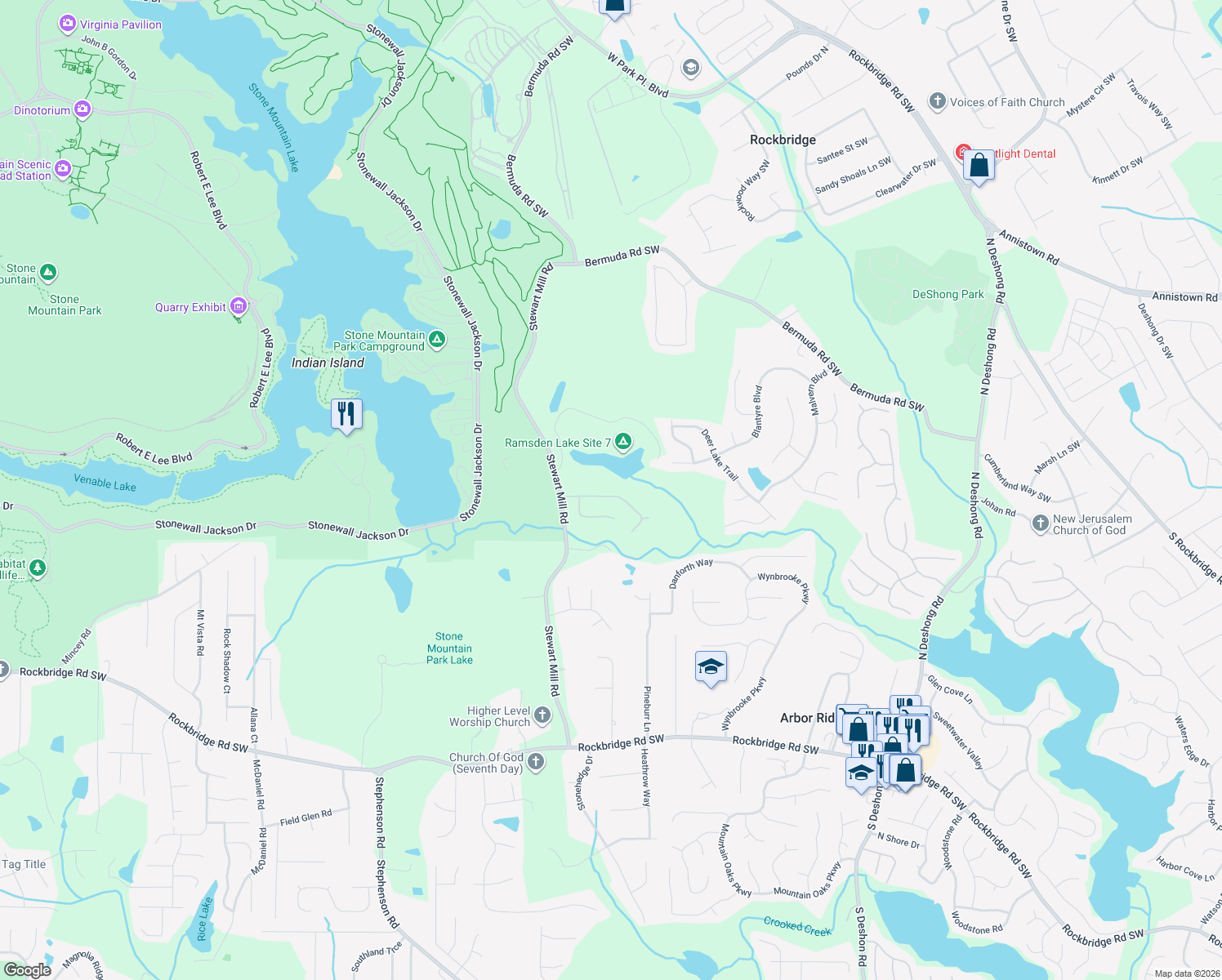 map of restaurants, bars, coffee shops, grocery stores, and more near 6680 Pine Valley Trace in Stone Mountain