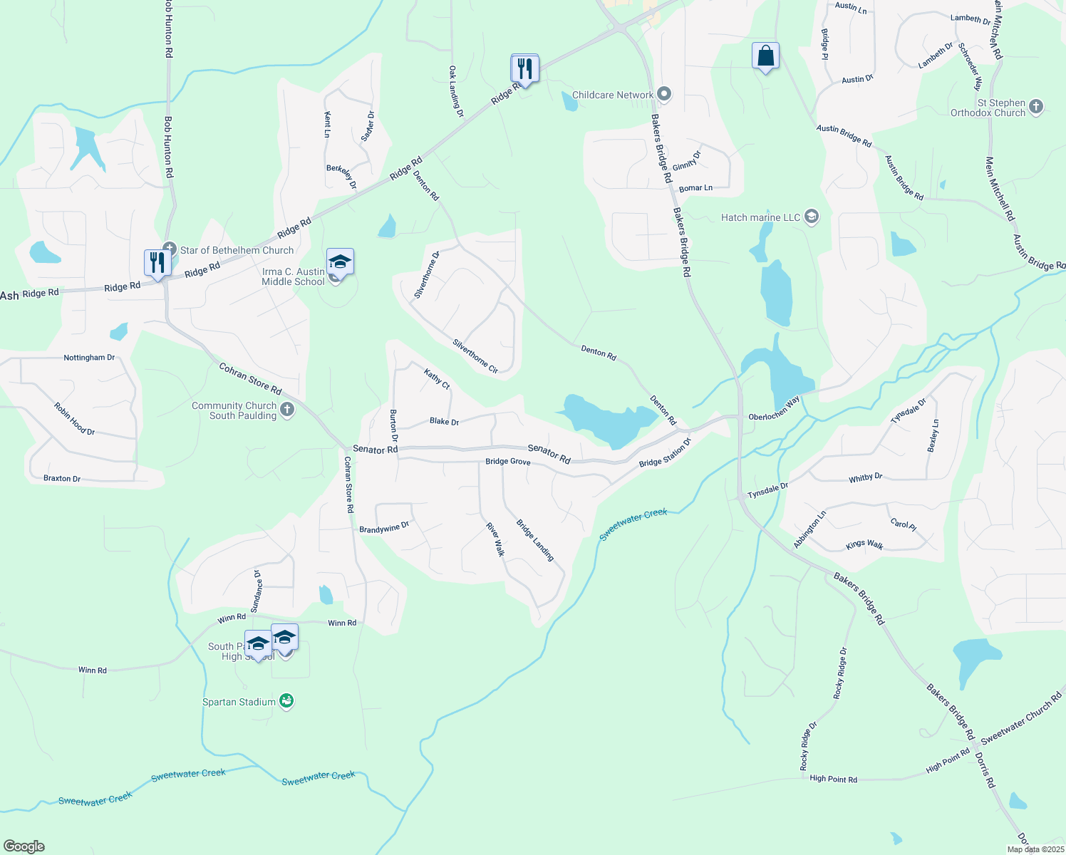 map of restaurants, bars, coffee shops, grocery stores, and more near 505 Blake Drive in Douglasville