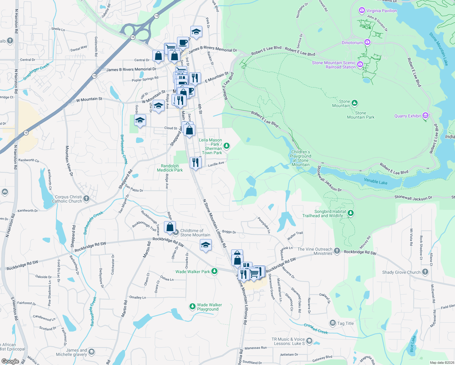 map of restaurants, bars, coffee shops, grocery stores, and more near 690 Pepperwood Lane in Stone Mountain