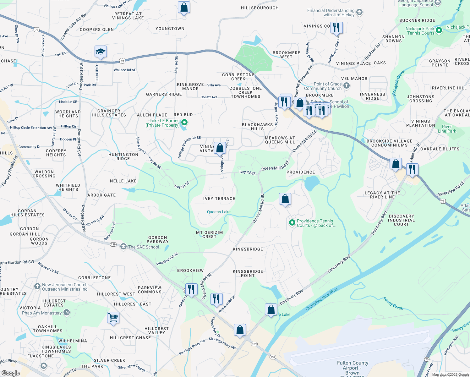 map of restaurants, bars, coffee shops, grocery stores, and more near 6403 Ivey Terrace Dr SE in Mableton