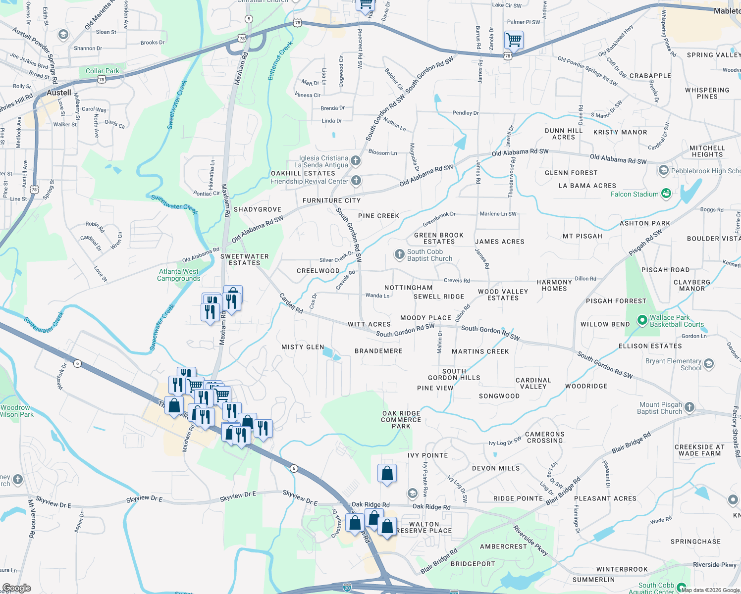 map of restaurants, bars, coffee shops, grocery stores, and more near 6453 Wanda Ln in Austell