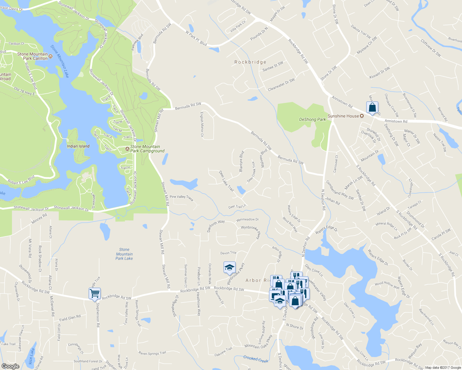 map of restaurants, bars, coffee shops, grocery stores, and more near 728 Deer Lake Trail in Stone Mountain