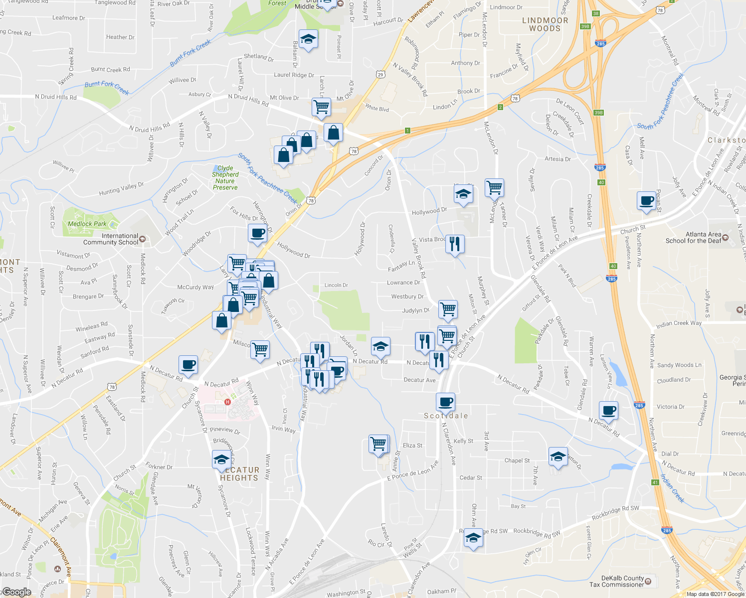 map of restaurants, bars, coffee shops, grocery stores, and more near 706 Cool Hollow Dr in Decatur