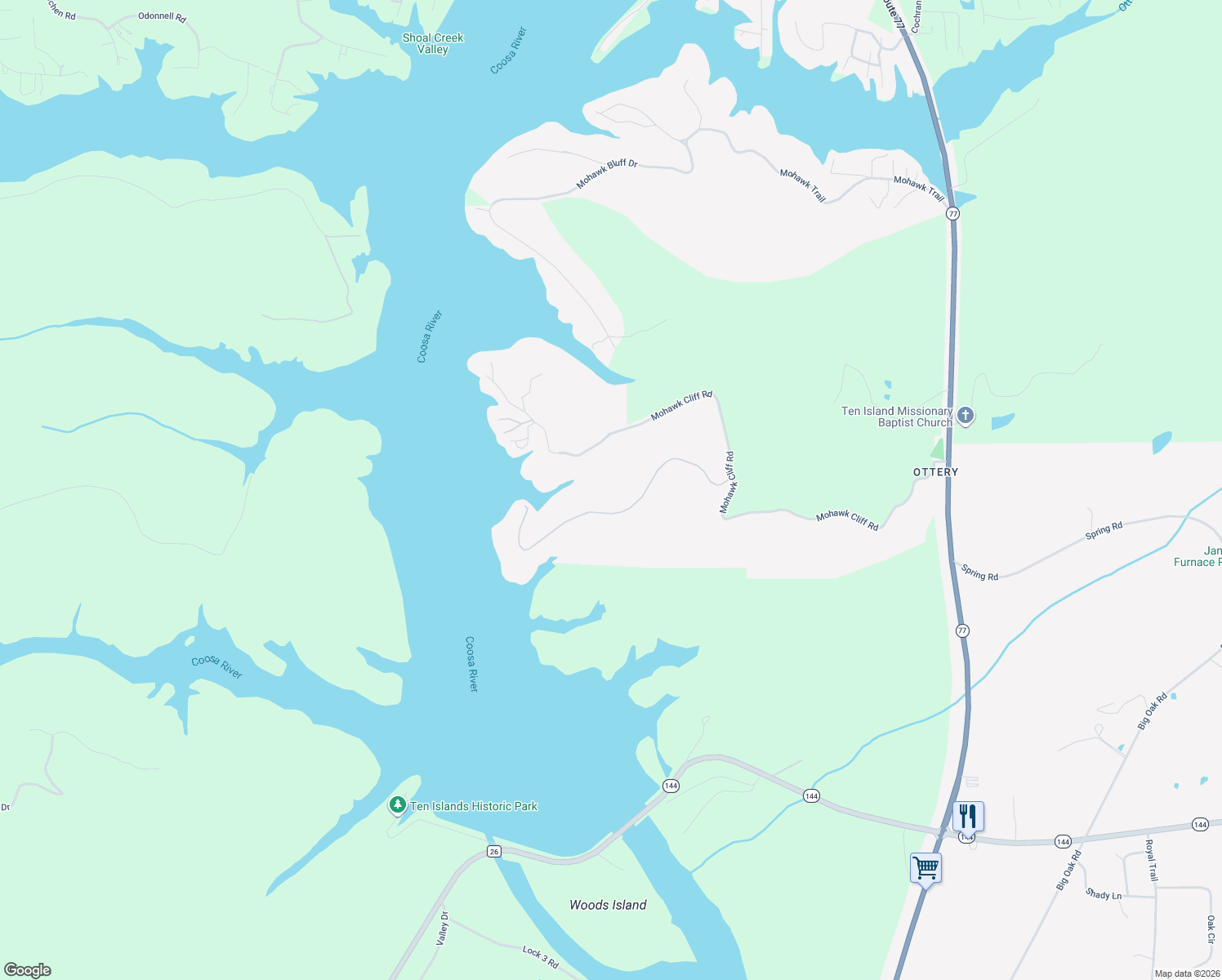 map of restaurants, bars, coffee shops, grocery stores, and more near 2410 Nan Ye'Hi Drive in Ohatchee