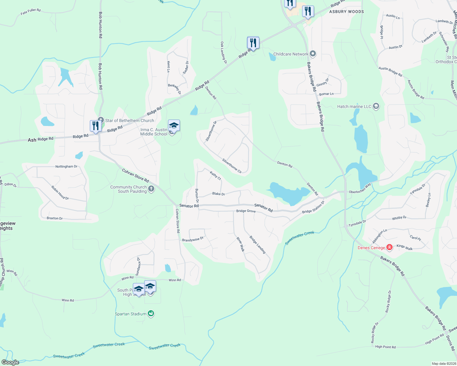 map of restaurants, bars, coffee shops, grocery stores, and more near 285 Kathy Court in Douglasville