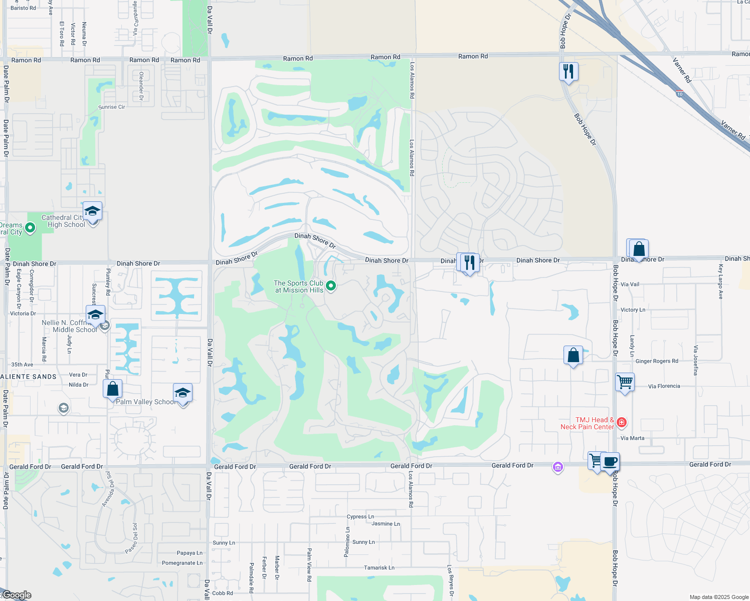 map of restaurants, bars, coffee shops, grocery stores, and more near 2 Wimbledon Drive in Rancho Mirage