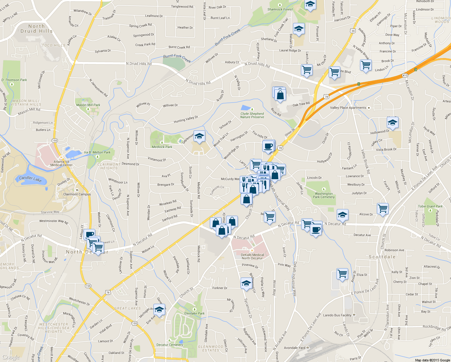 map of restaurants, bars, coffee shops, grocery stores, and more near 2513 McCurdy Way in Decatur