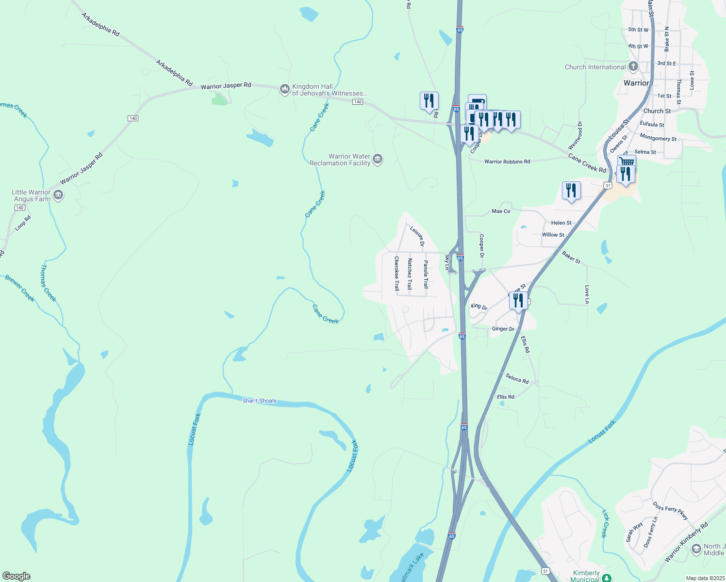 map of restaurants, bars, coffee shops, grocery stores, and more near 898 Hilltop Drive in Warrior