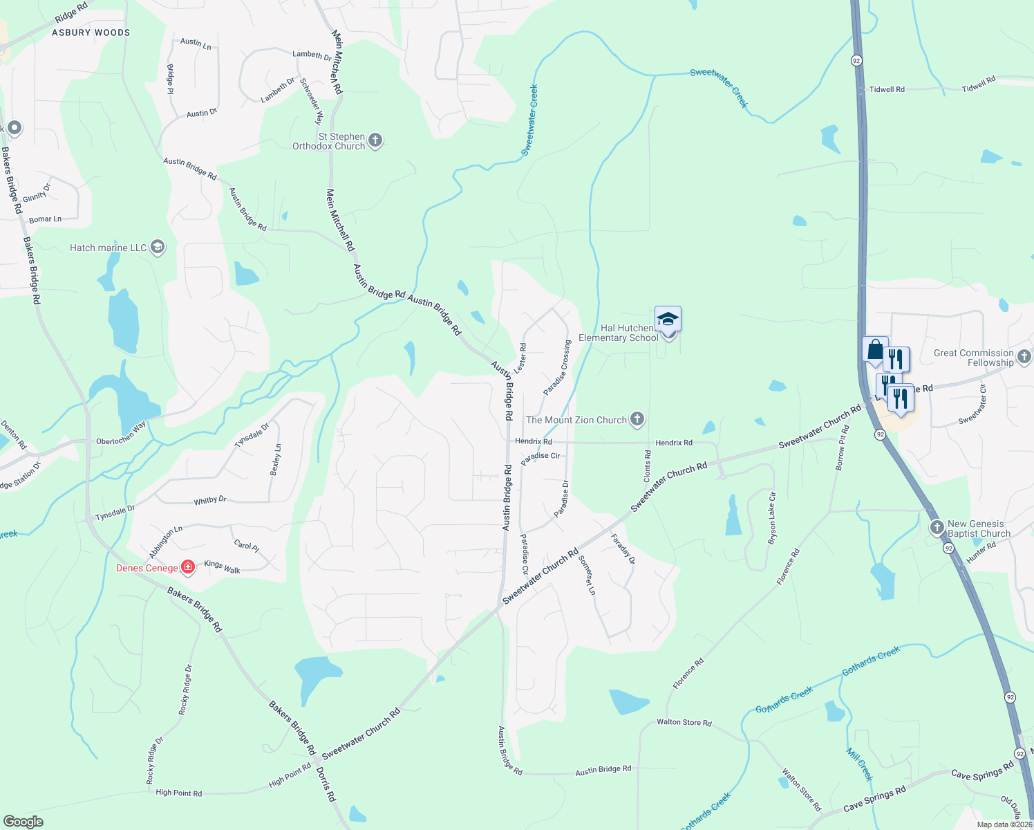 map of restaurants, bars, coffee shops, grocery stores, and more near 91 Paradise Pointe in Douglasville