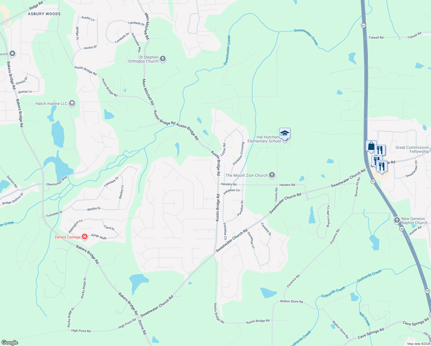 map of restaurants, bars, coffee shops, grocery stores, and more near 98 Oliver Ct in Douglasville