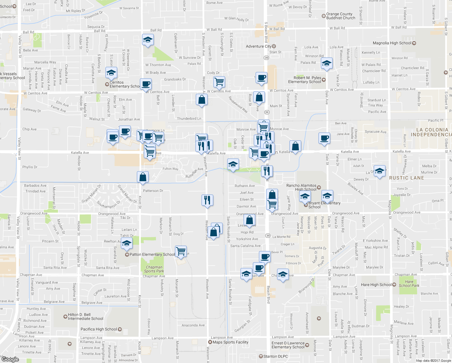 map of restaurants, bars, coffee shops, grocery stores, and more near 11221 Santa Rosalia Street in Stanton