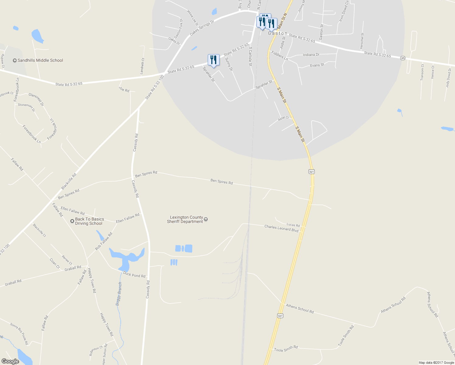 map of restaurants, bars, coffee shops, grocery stores, and more near 335 Ben Spires Road in Gaston