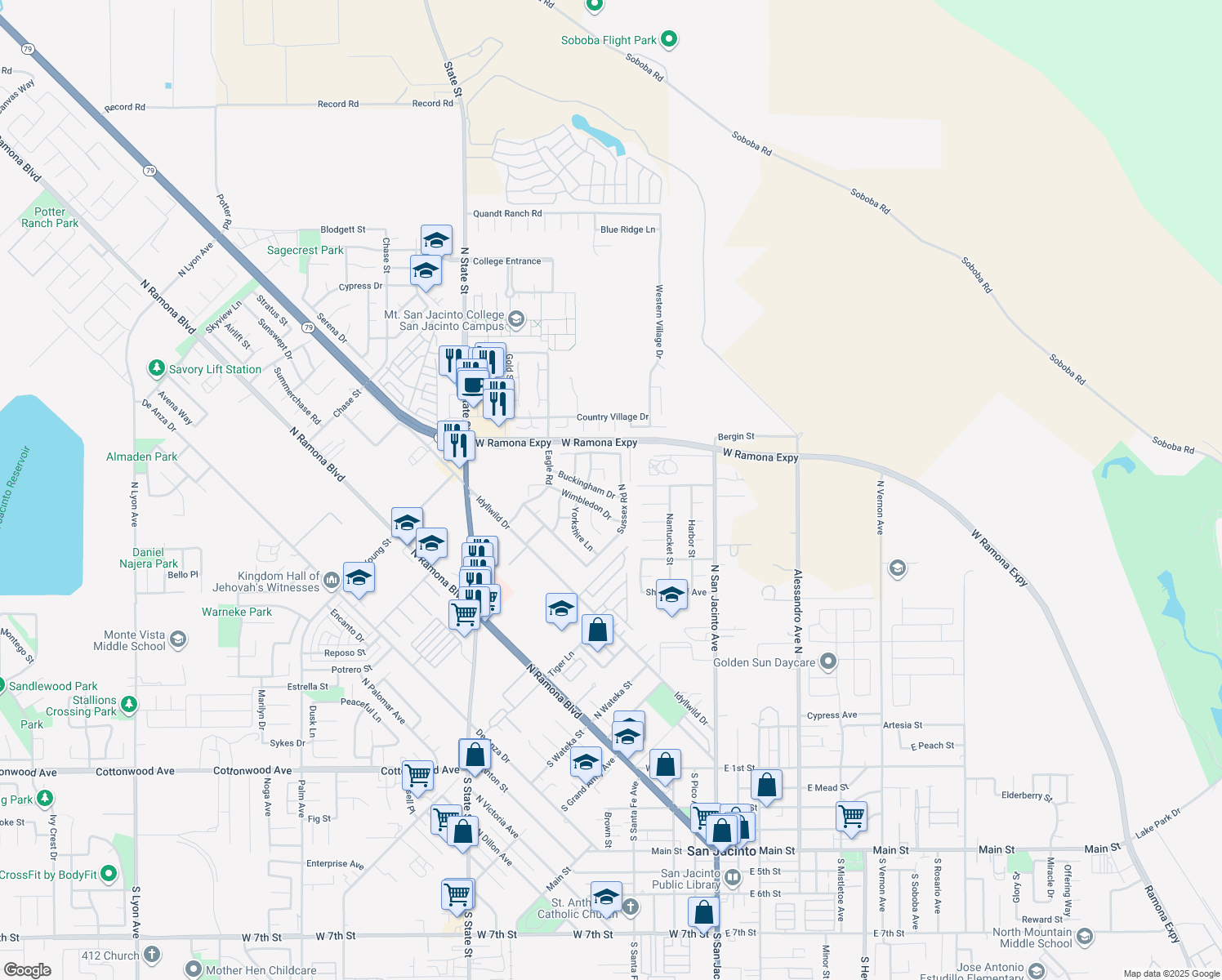 map of restaurants, bars, coffee shops, grocery stores, and more near 345 Buckingham Drive in San Jacinto