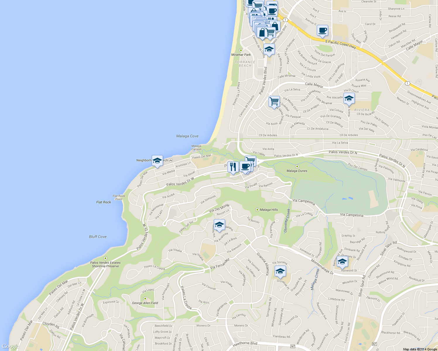 map of restaurants, bars, coffee shops, grocery stores, and more near 376 Palos Verdes Drive West in Palos Verdes Estates