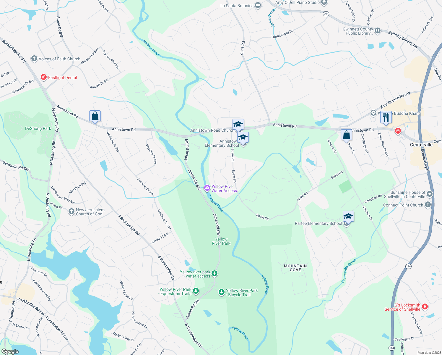 map of restaurants, bars, coffee shops, grocery stores, and more near 4880 Riversound Drive in Snellville