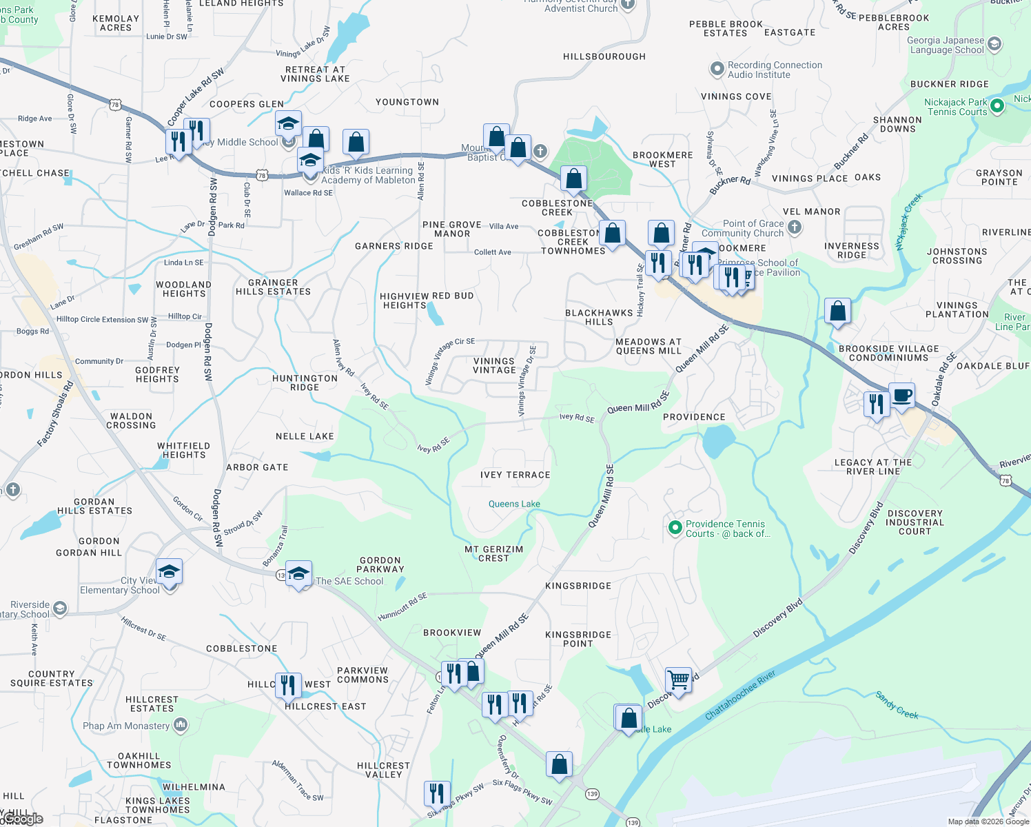 map of restaurants, bars, coffee shops, grocery stores, and more near 6296 Vinings Vintage Drive Southeast in Mableton